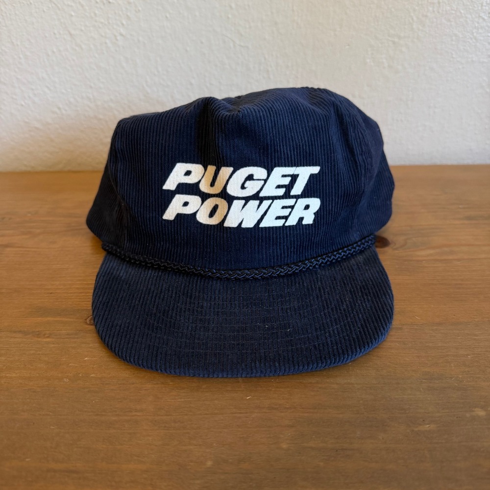 Vintage Puget Power Corduroy Hat Navy Blue Nissin Cap Snapback Rope Hat READ